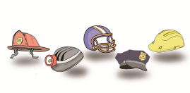 Five assorted helmets displayed on a white background: a firefighter helmet, a football helmet, a sports cap, a construction hard hat, and a police hat. The image represents various professions in Spanish.