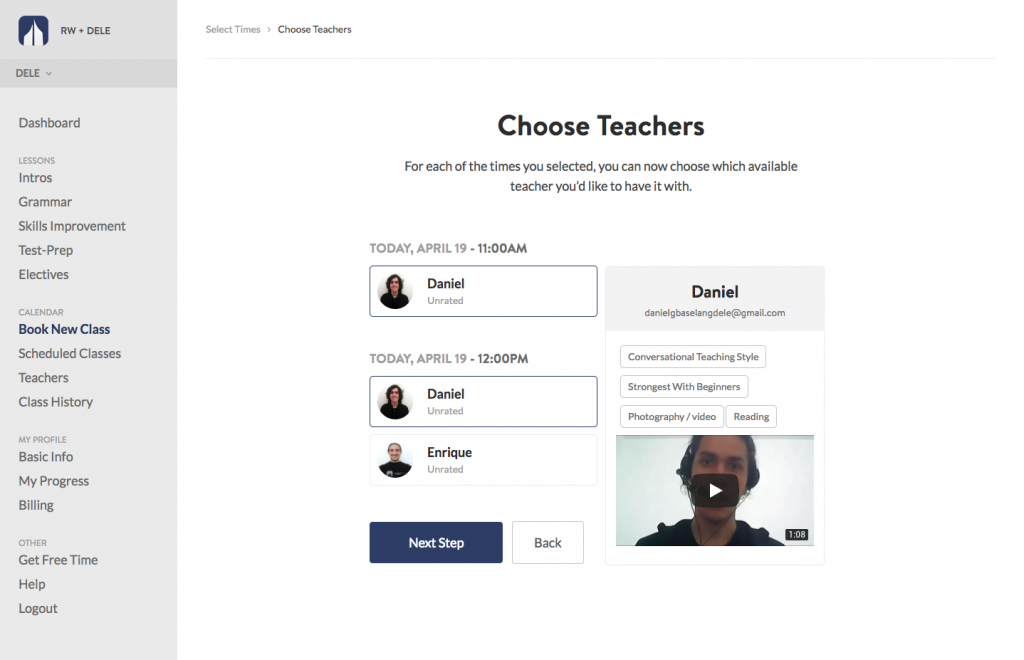 Screenshot showing teacher selection page of the booking process on the BaseLang platform