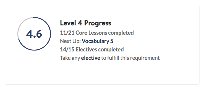 Screenshot of the level-specific progress tracking part of the BaseLang platform