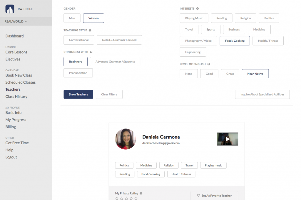 Screenshot of the teacher bios area of the BaseLang platform