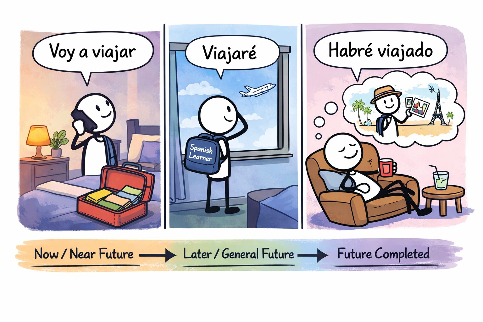 A three-panel illustration explaining future tense in Spanish. The first panel shows a person packing a suitcase with the text 'Voy a viajar.' The second panel depicts the same person looking out of a window, stating 'Viajaré.' The third panel features the person lounging with a drink, saying 'Habré viajado.' A colorful gradient below indicates the timeline from now to future completed.