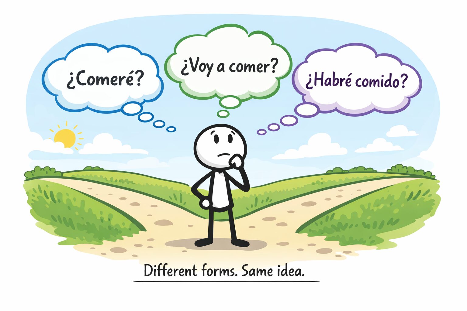 A cartoon figure standing at a fork in the road with three speech bubbles. The bubbles contain Spanish phrases: "¿Comeré?", "¿Voy a comer?", and "¿Habré comido?" The sun is shining in the background. The caption reads, "Different forms. Same idea." This illustration relates to future tense Spanish.