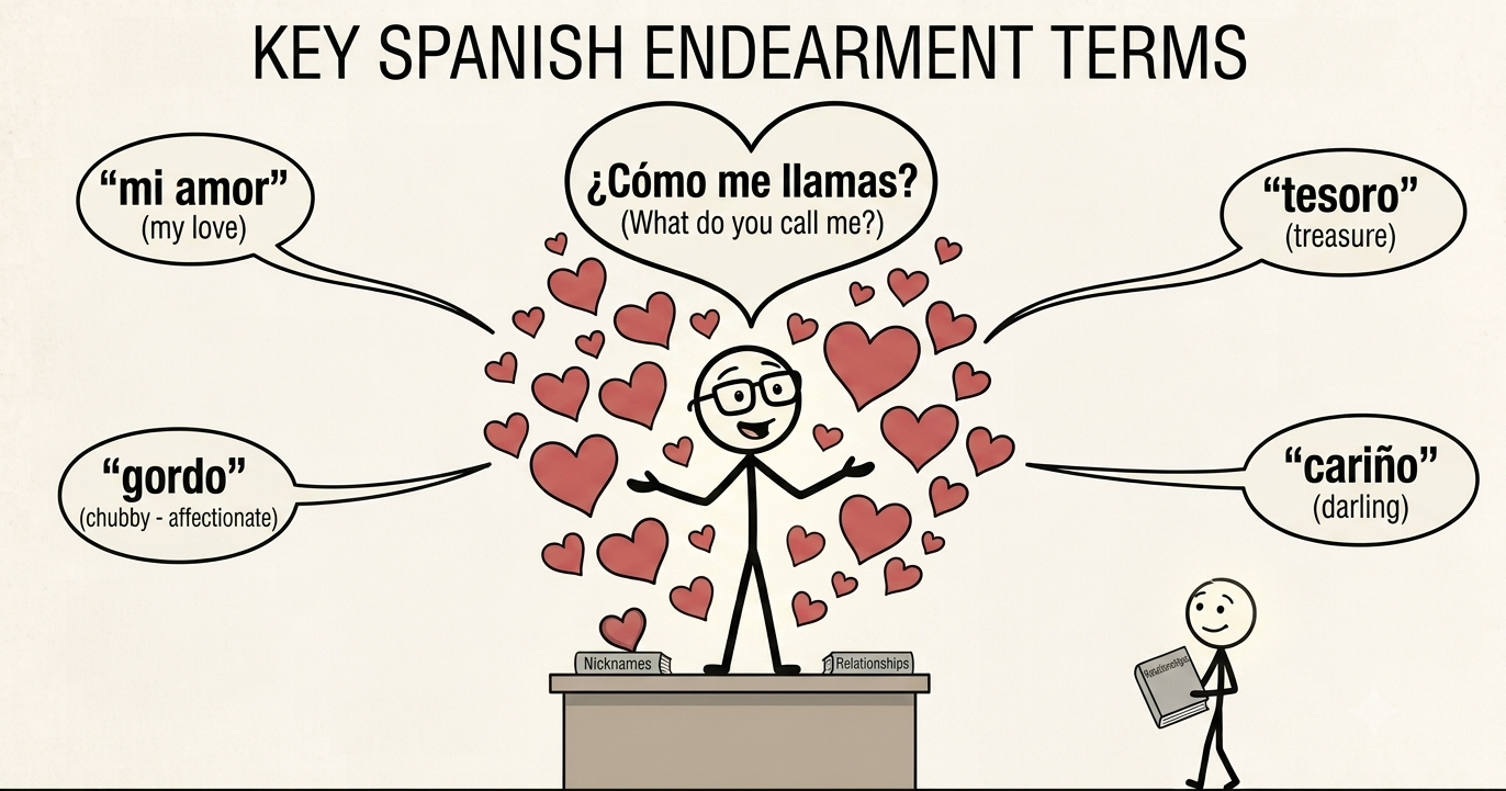 An illustrated poster titled “Key Spanish Endearment Terms” shows a stick figure surrounded by hearts and speech bubbles with phrases like “mi amor,” “tesoro,” “gordo,” and “cariño” in a classroom-style setting, featuring Spanish Terms Of Endearment.