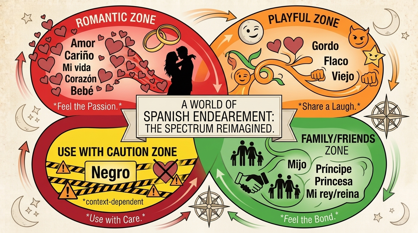 An infographic titled “A World of Spanish Endearment: The Spectrum Reimagined” shows four color-coded zones with Spanish Terms Of Endearment, including a romantic red section, a playful orange section, a family green section, and a caution yellow section.
