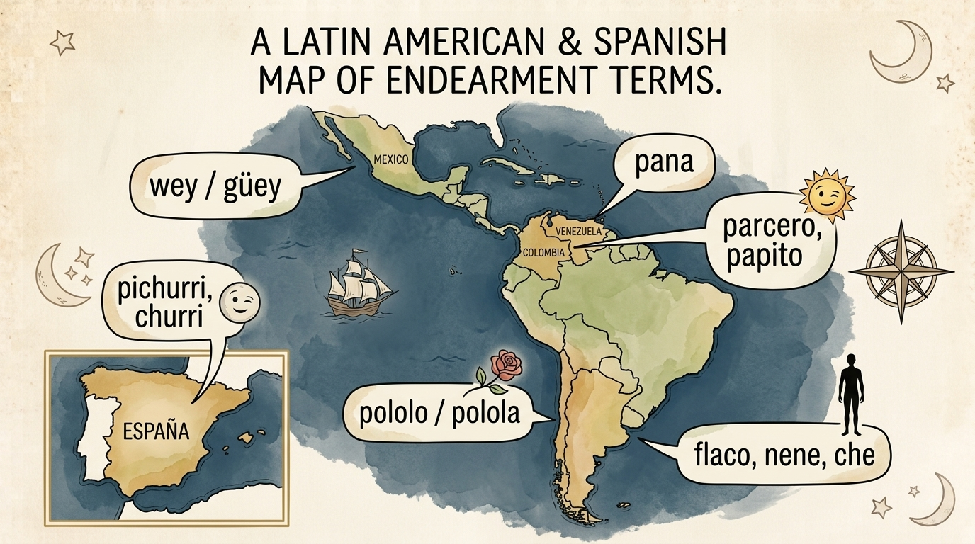 An illustrated map titled “A Latin American & Spanish Map of Endearment Terms” shows South America, Central America, and Spain with speech bubbles labeled “wey / güey,” “pana,” “parcero, papito,” “pichurri, churri,” “pololo / polola,” and “flaco, nene, che,” as Spanish Terms Of Endearment.