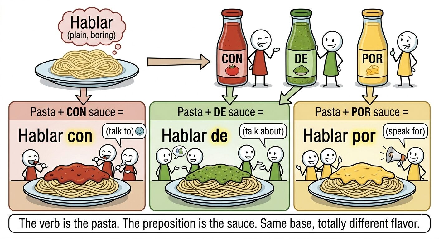 An educational graphic explaining Spanish verbs with prepositions. It depicts the verb 'Hablar' with pasta as an analogy for prepositions: 'con', 'de', and 'por', each accompanied by different sauces and illustrated characters beside plates of spaghetti.