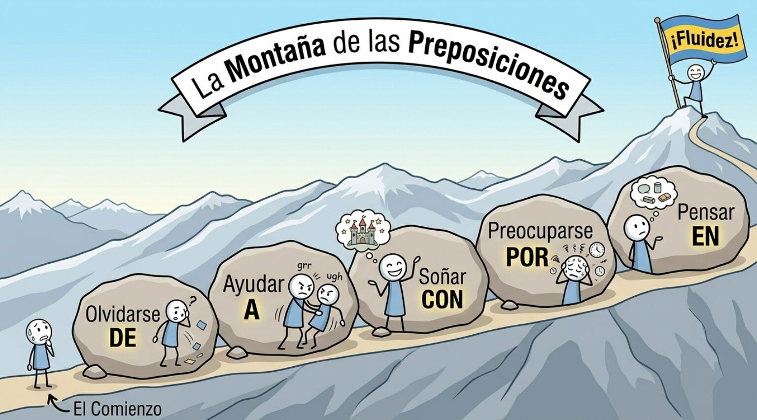 An illustrated mountain titled "La Montaña de las Preposiciones" shows characters interacting with rocks labeled with various Spanish verbs and prepositions: "Olvidarse de," "Ayudar a," "Soñar con," "Preocuparse por," and "Pensar en." A character waves a flag at the top, labeled "¡Fluidez!"