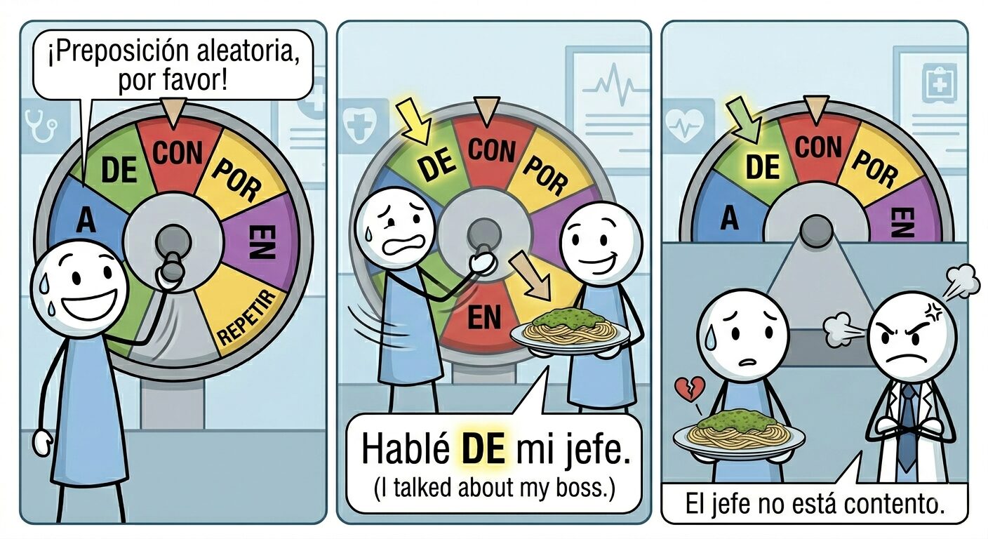 A cartoon panel features a colorful wheel labeled with Spanish prepositions: DE, CON, POR, and EN. A character spins the wheel, then serves a plate of food to another character, who looks displeased. The text includes examples illustrating 'Spanish Verbs With Prepositions'.