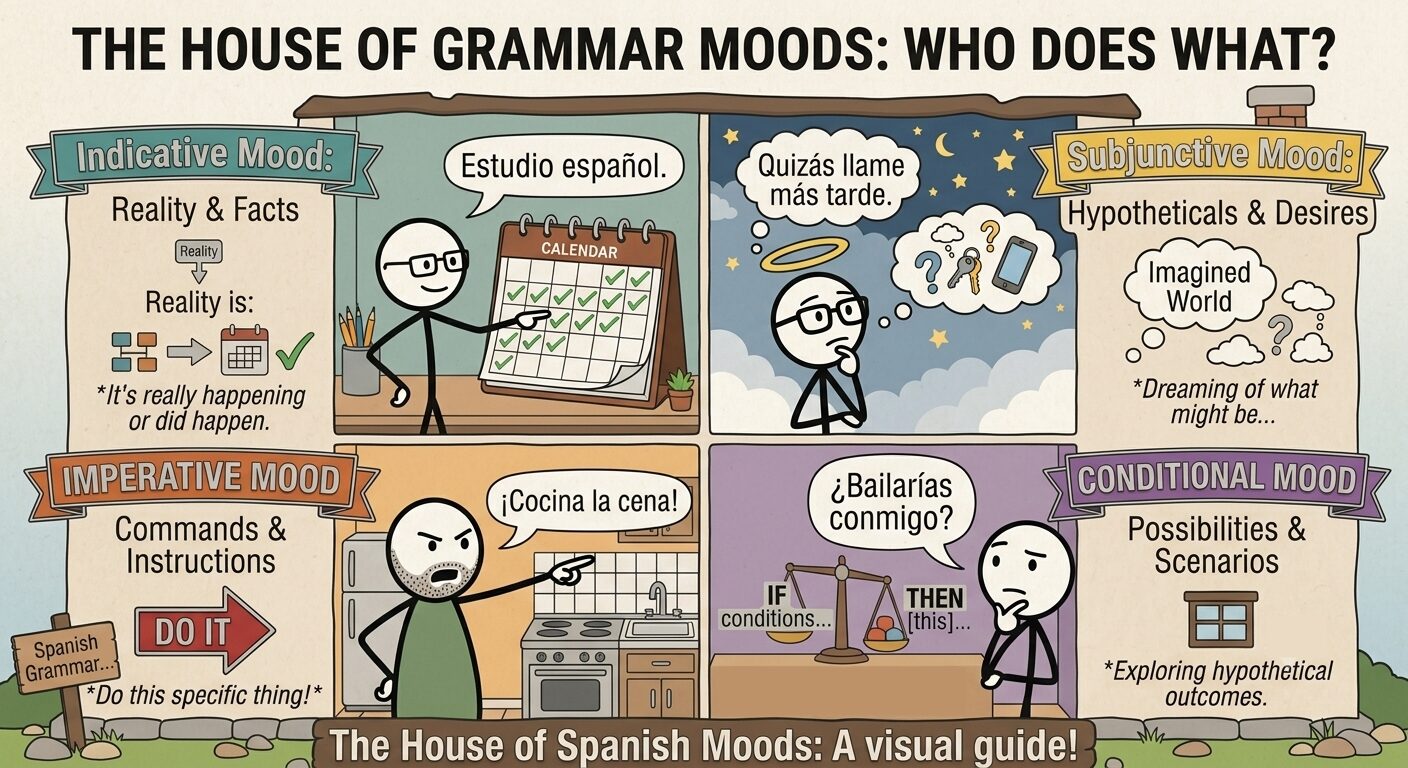 An illustrated Spanish grammar poster titled “The House of Grammar Moods: Who Does What?” shows four panels for indicative, imperative, subjunctive, and conditional moods, with examples and cartoon characters, plus the phrase “spanish verb tenses.”