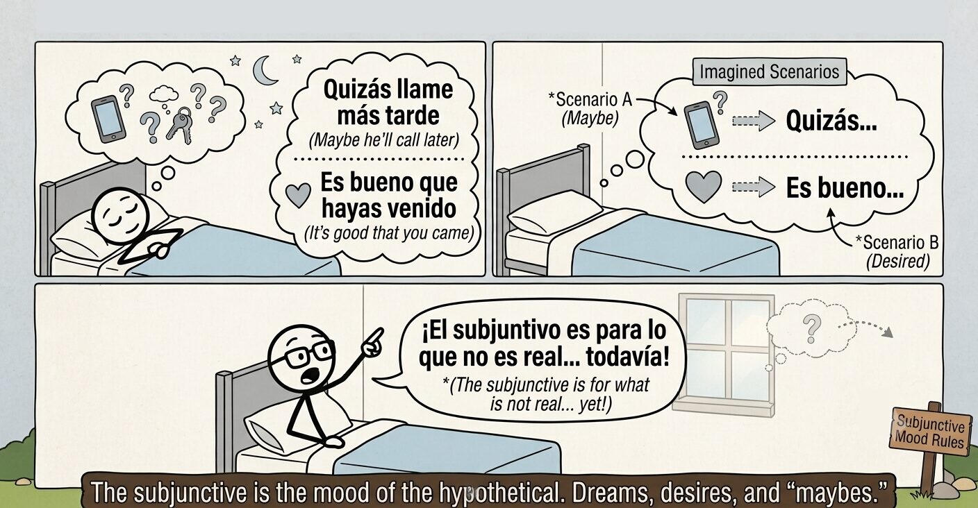 An educational comic about spanish verb tenses shows a person in bed imagining a phone and other scenarios, with Spanish and English example phrases and a sign reading "Subjunctive Mood Rules".