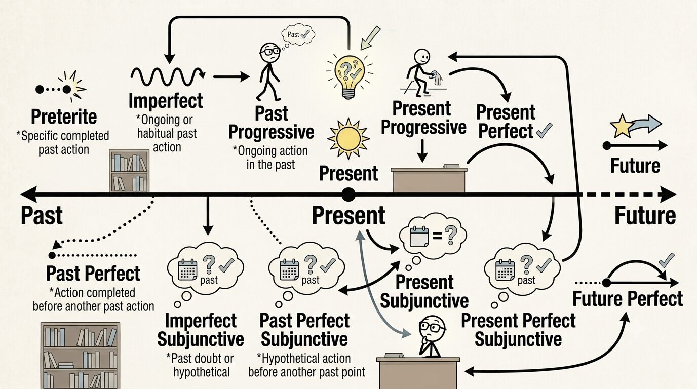 A Spanish verb tenses chart shows a timeline of past, present, and future forms, with labeled sections for preterite, imperfect, past progressive, present progressive, present perfect, and subjunctive tenses.