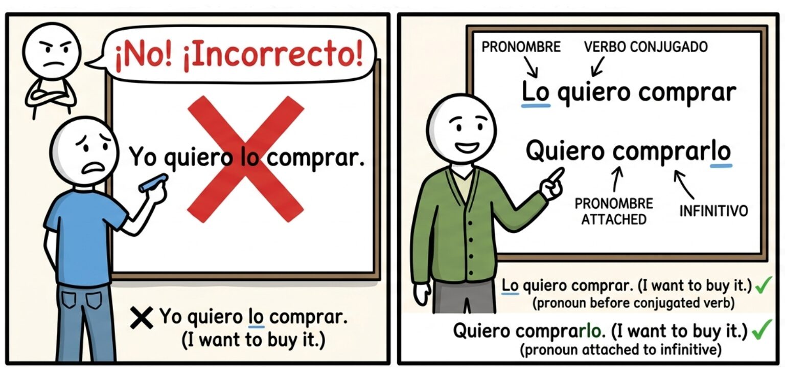 A two-panel illustration comparing the incorrect and correct usage of Spanish direct object pronouns. The left panel shows a crossed-out sentence "Yo quiero lo comprar" with a person pointing to it. The right panel illustrates the correct forms, explaining the structure with labeled parts.
