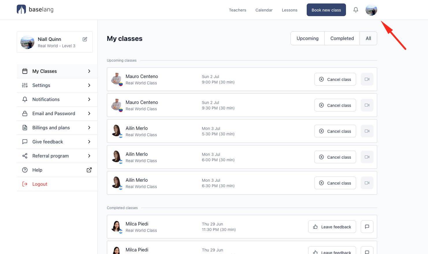 BaseLang student dashboard