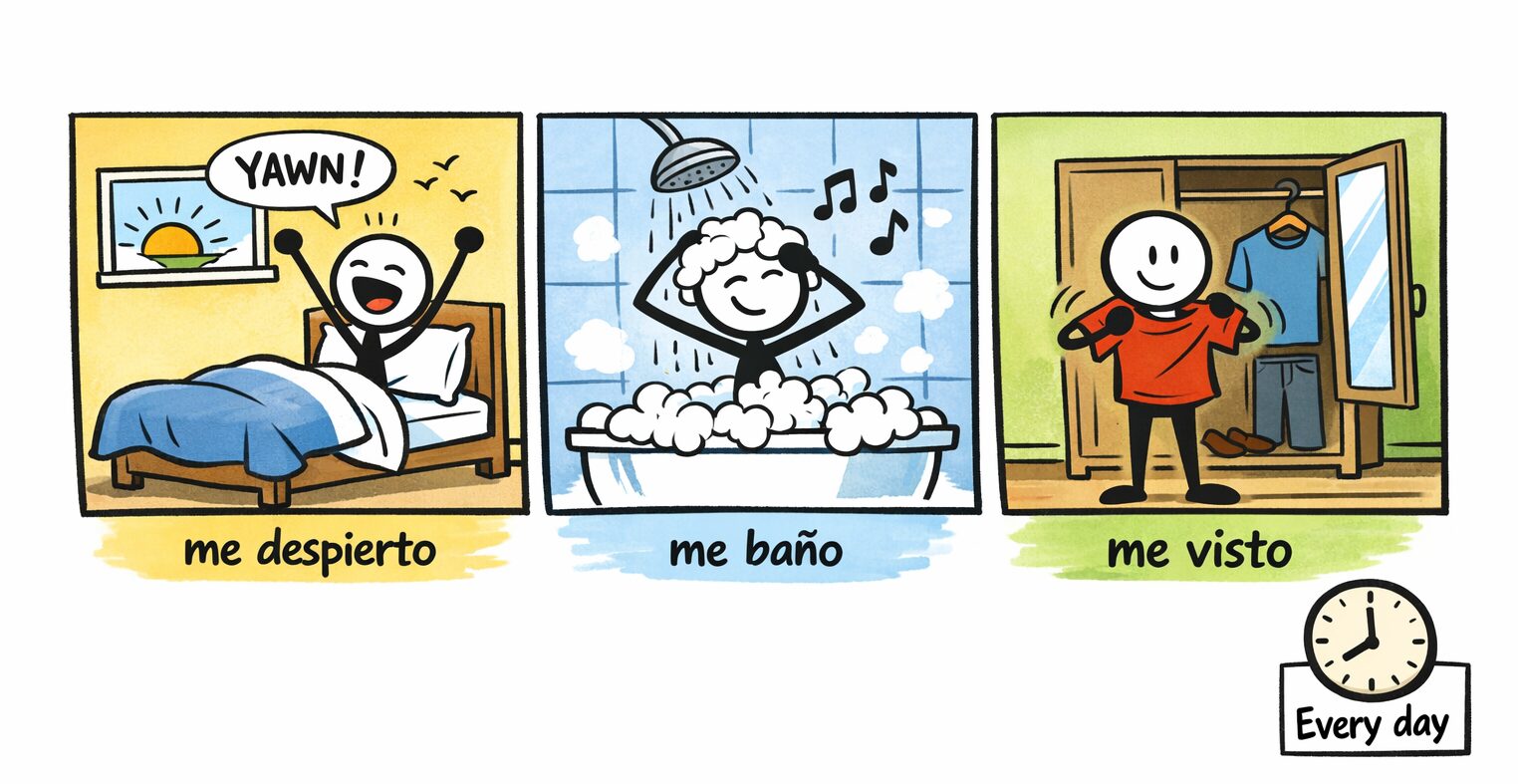 Three illustrated panels showing daily routines: a person waking up in bed with a yawn, someone bathing amidst bubbles, and a person getting dressed in front of a closet. The text highlights reflexive pronouns in Spanish.