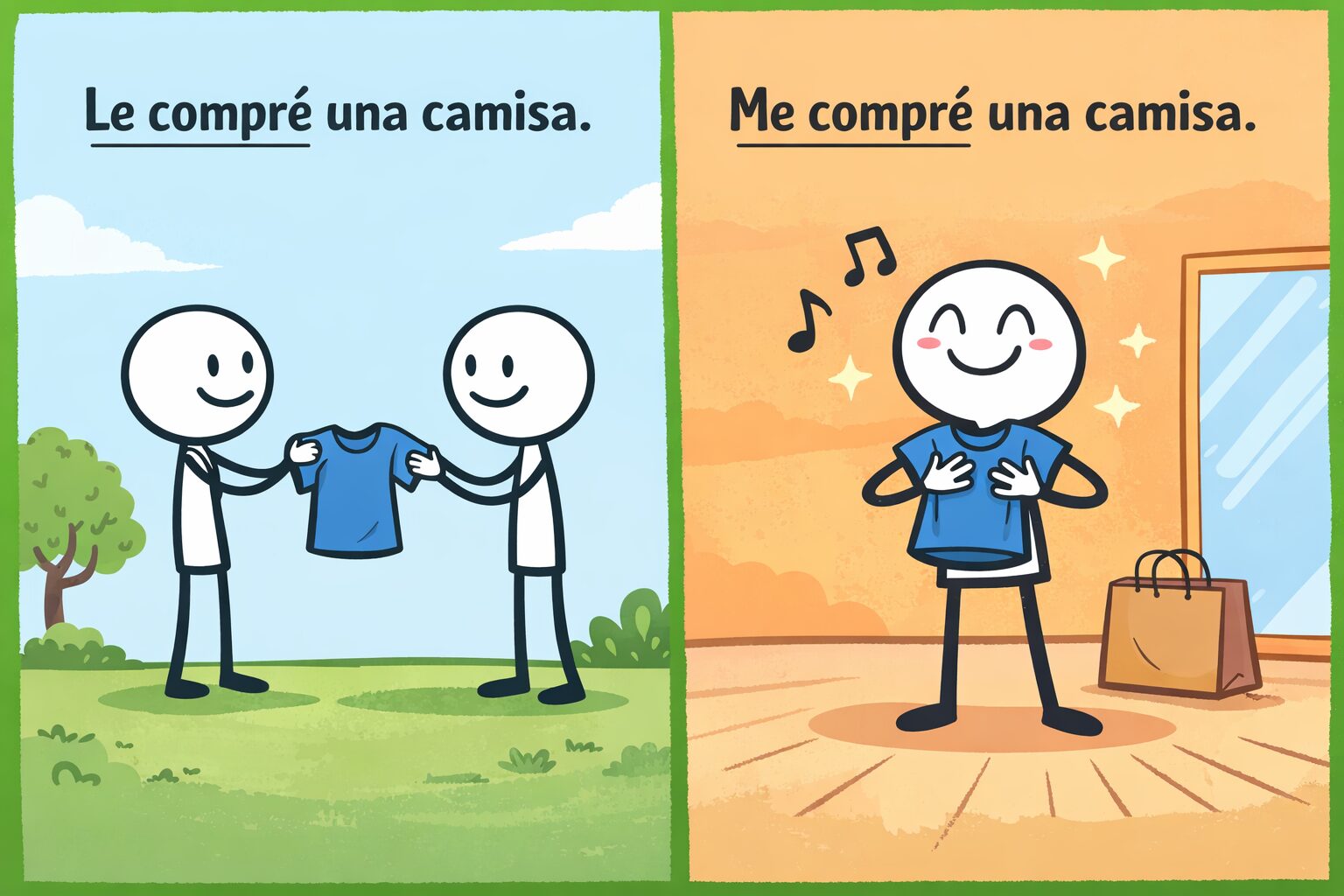 An illustration divided into two parts. The left side shows a person giving a blue shirt to another, with the text "Le compré una camisa." The right side depicts a person happily wearing the shirt with a bag nearby, text reads "Me compré una camisa." The image highlights reflexive pronouns in Spanish.