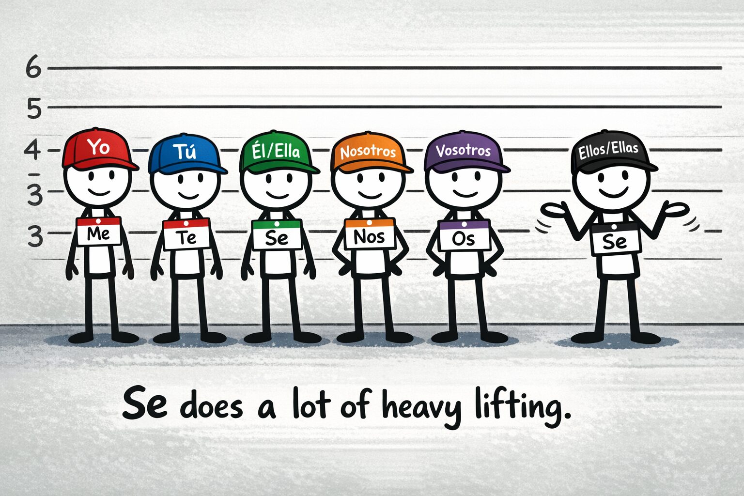 A graphic illustrating reflexive pronouns in Spanish, featuring stick figures labeled 'Yo' (Me), 'Tú' (Te), 'Él/Ella' (Se), 'Nosotros' (Nos), 'Vosotros' (Os), and 'Ellos/Ellas' (Se), with the text: 'Se does a lot of heavy lifting.'