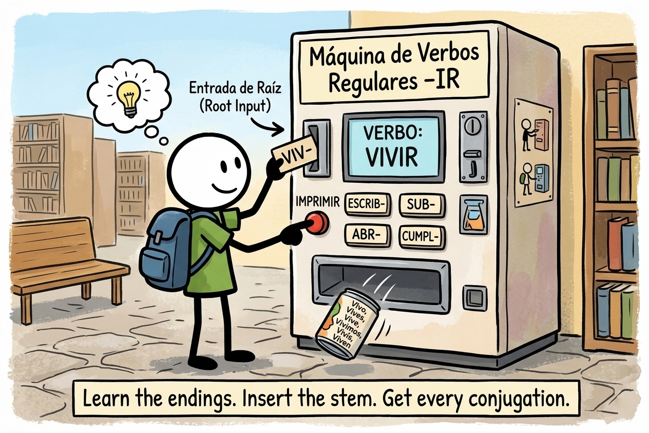 A cartoon of a student using a machine labeled “Máquina de Verbos Regulares -IR” to form ir verbs in Spanish, with buttons for verb endings and a paper strip feeding out beside bookshelves.