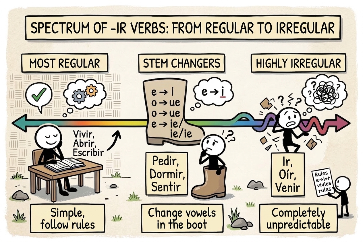 An educational infographic about ir verbs in Spanish shows a spectrum from regular to highly irregular verbs, with a student at a desk, stem-change patterns, and example words like vivir, abrir, escribir, pedir, dormir, sentir, ir, oír, and venir.