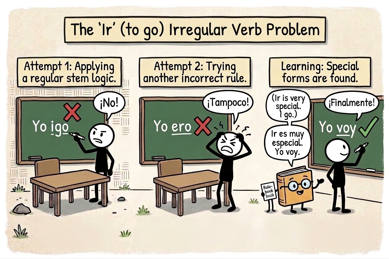 A cartoon classroom poster about ir verbs in Spanish shows three chalkboard panels illustrating irregular forms, with a teacher and students beside desks and speech bubbles.