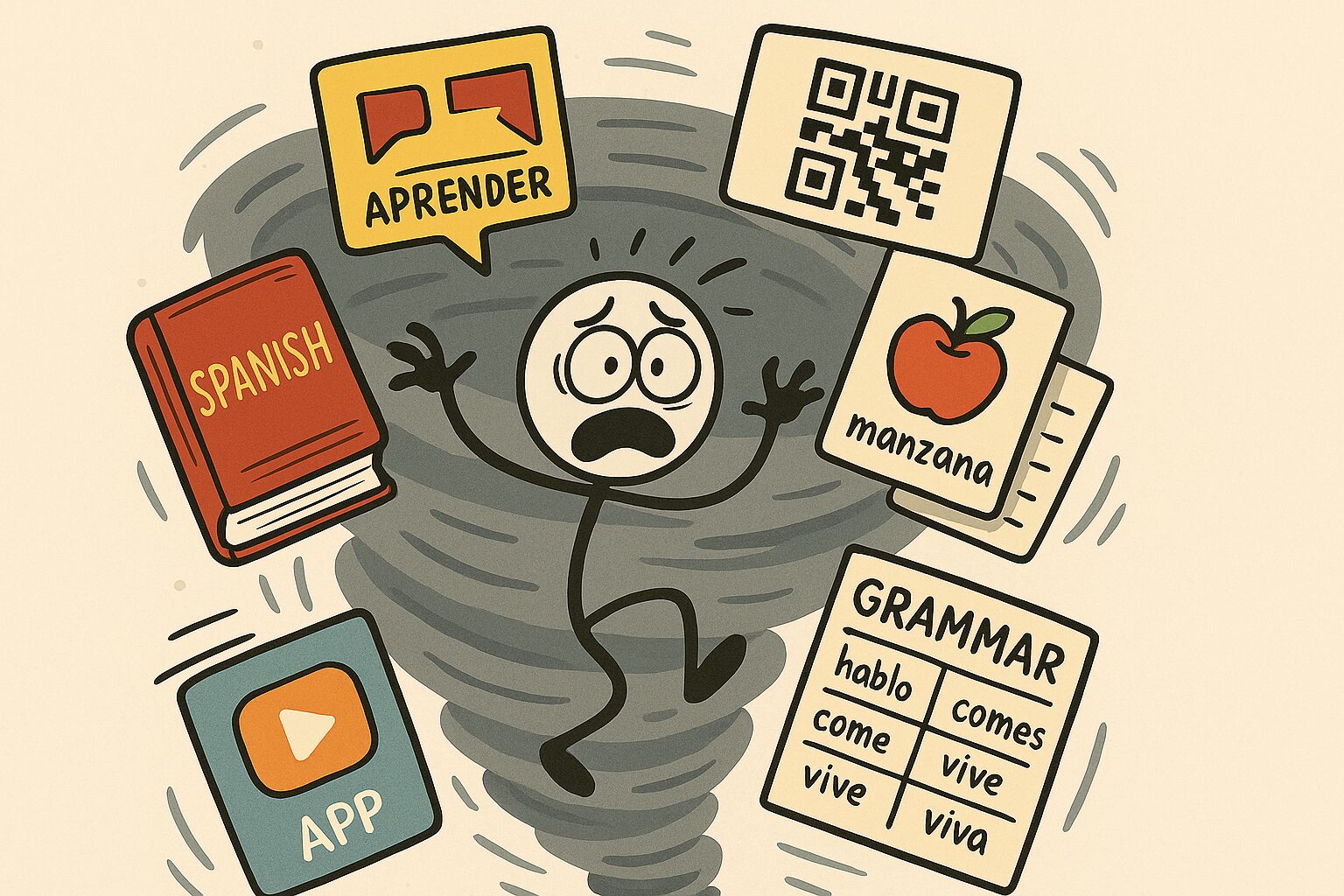 Cartoon of an overwhelmed Spanish learner surrounded by books, apps, and grammar charts