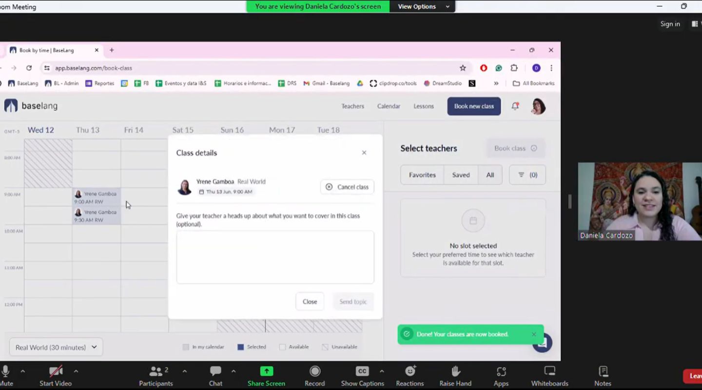 A screenshot of a virtual meeting platform displaying a scheduling interface. On the left side, there is a weekly calendar with time slots. A chat window is open, showing class details and a participant, with a woman visible in video call on the right.