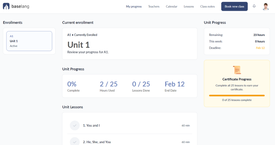 3 A progress overview page for an online language course, showing the current unit (Unit 1) enrolled for level A1. Includes total lessons, hours used, completion percentage, and deadline date.