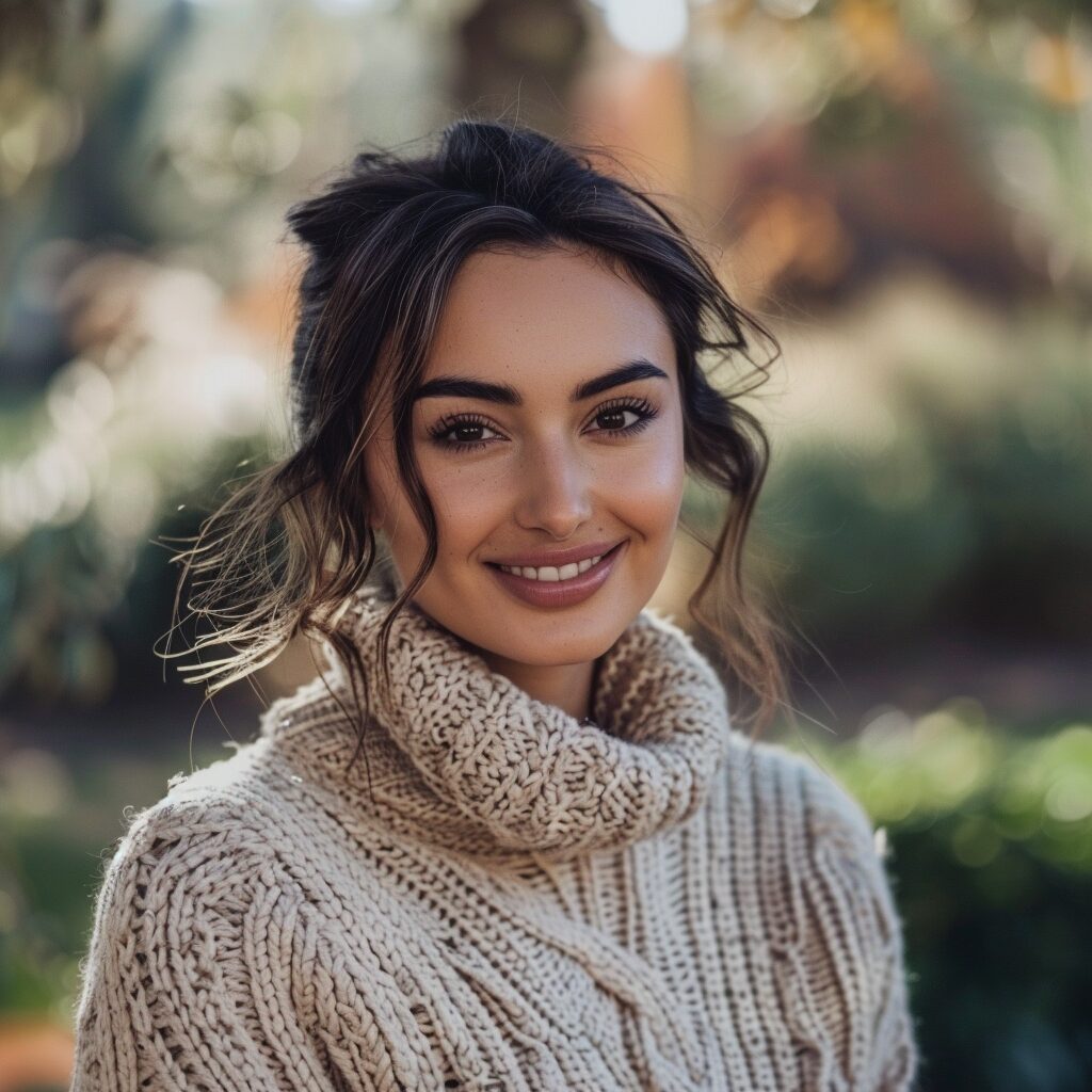 A woman smiling while wearing a cozy beige knitted sweater, with loose hair and a blurred green background of foliage, suggesting a relaxed outdoor setting.