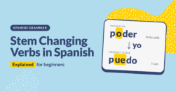 An infographic about Stem Changing Verbs in Spanish with the title "Stem Changing Verbs in Spanish" on a blue background and an example card showing "poder" changing to "puedo".